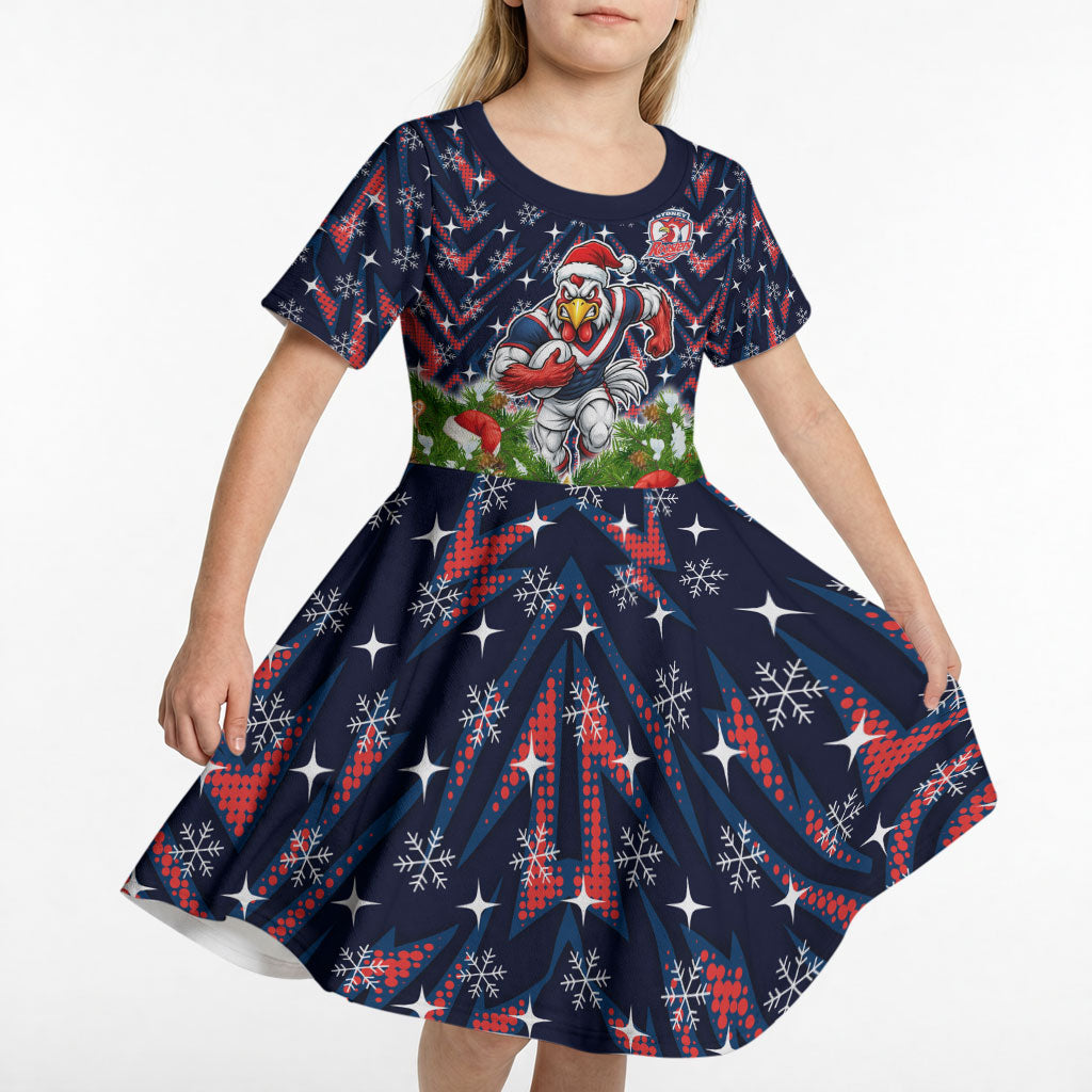 Personalised Sydney Roosters Rugby Christmas Kid Short Sleeve Dress Santa Rugby Mascot - Pine Wreath Festive