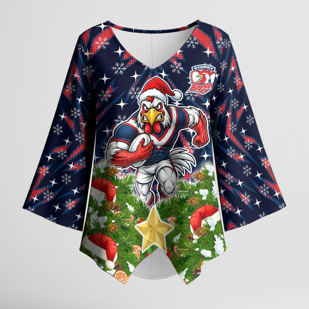 Personalised Sydney Roosters Rugby Christmas Kimono Sleeve Blouse Santa Rugby Mascot - Pine Wreath Festive