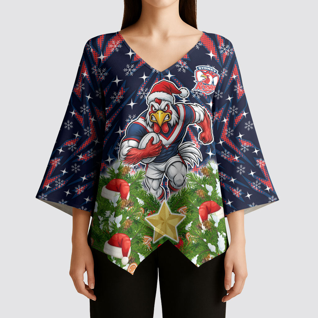 Personalised Sydney Roosters Rugby Christmas Kimono Sleeve Blouse Santa Rugby Mascot - Pine Wreath Festive