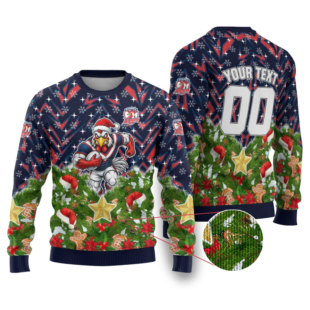 Personalised Sydney Roosters Rugby Christmas Ugly Christmas Sweater Santa Rugby Mascot - Pine Wreath Festive