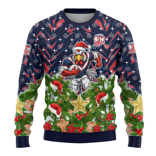 Personalised Sydney Roosters Rugby Christmas Ugly Christmas Sweater Santa Rugby Mascot - Pine Wreath Festive