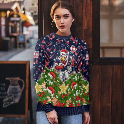 Personalised Sydney Roosters Rugby Christmas Ugly Christmas Sweater Santa Rugby Mascot - Pine Wreath Festive