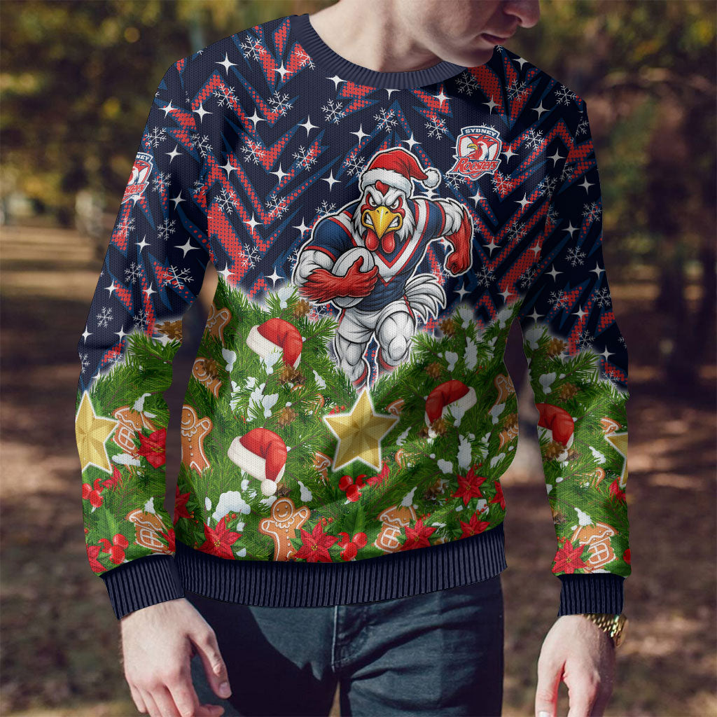 Personalised Sydney Roosters Rugby Christmas Ugly Christmas Sweater Santa Rugby Mascot - Pine Wreath Festive