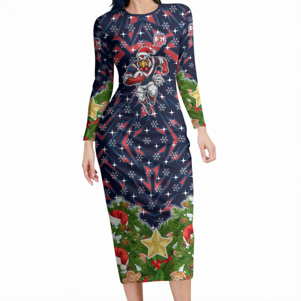 Personalised Sydney Roosters Rugby Christmas Long Sleeve Bodycon Dress Santa Rugby Mascot - Pine Wreath Festive