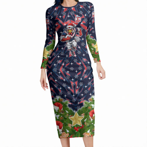 Personalised Sydney Roosters Rugby Christmas Long Sleeve Bodycon Dress Santa Rugby Mascot - Pine Wreath Festive