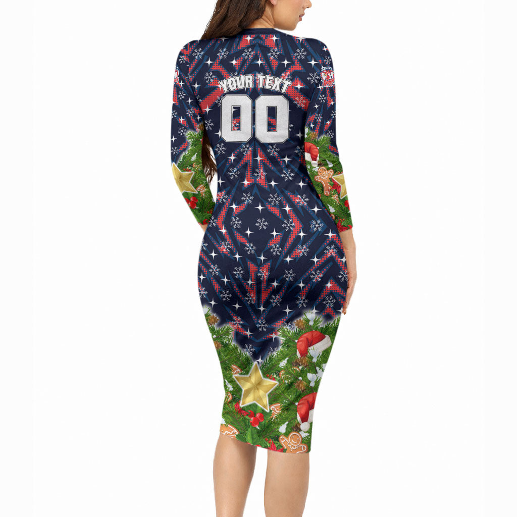 Personalised Sydney Roosters Rugby Christmas Long Sleeve Bodycon Dress Santa Rugby Mascot - Pine Wreath Festive