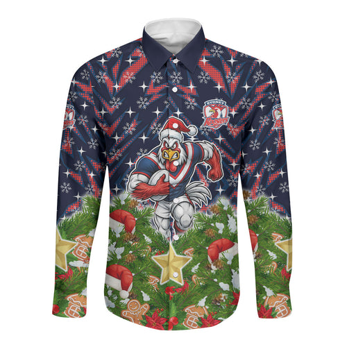 Personalised Sydney Roosters Rugby Christmas Long Sleeve Button Shirt Santa Rugby Mascot - Pine Wreath Festive