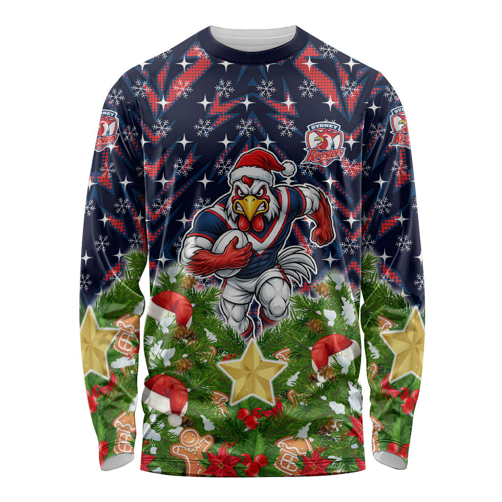 Personalised Sydney Roosters Rugby Christmas Long Sleeve Shirt Santa Rugby Mascot - Pine Wreath Festive