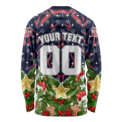 Personalised Sydney Roosters Rugby Christmas Long Sleeve Shirt Santa Rugby Mascot - Pine Wreath Festive