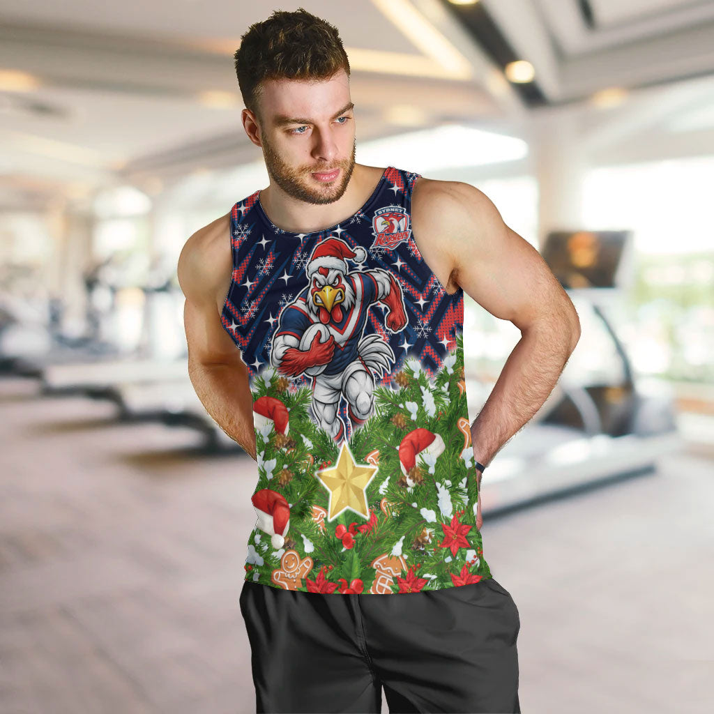Personalised Sydney Roosters Rugby Christmas Men Tank Top Santa Rugby Mascot - Pine Wreath Festive
