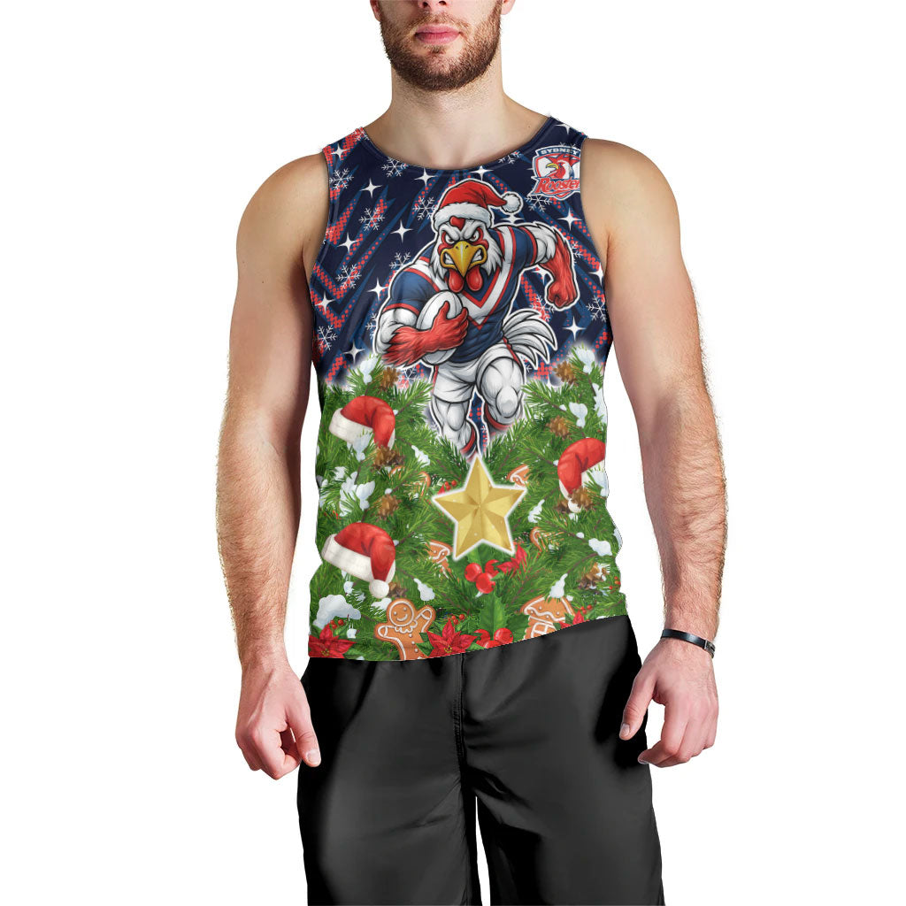 Personalised Sydney Roosters Rugby Christmas Men Tank Top Santa Rugby Mascot - Pine Wreath Festive