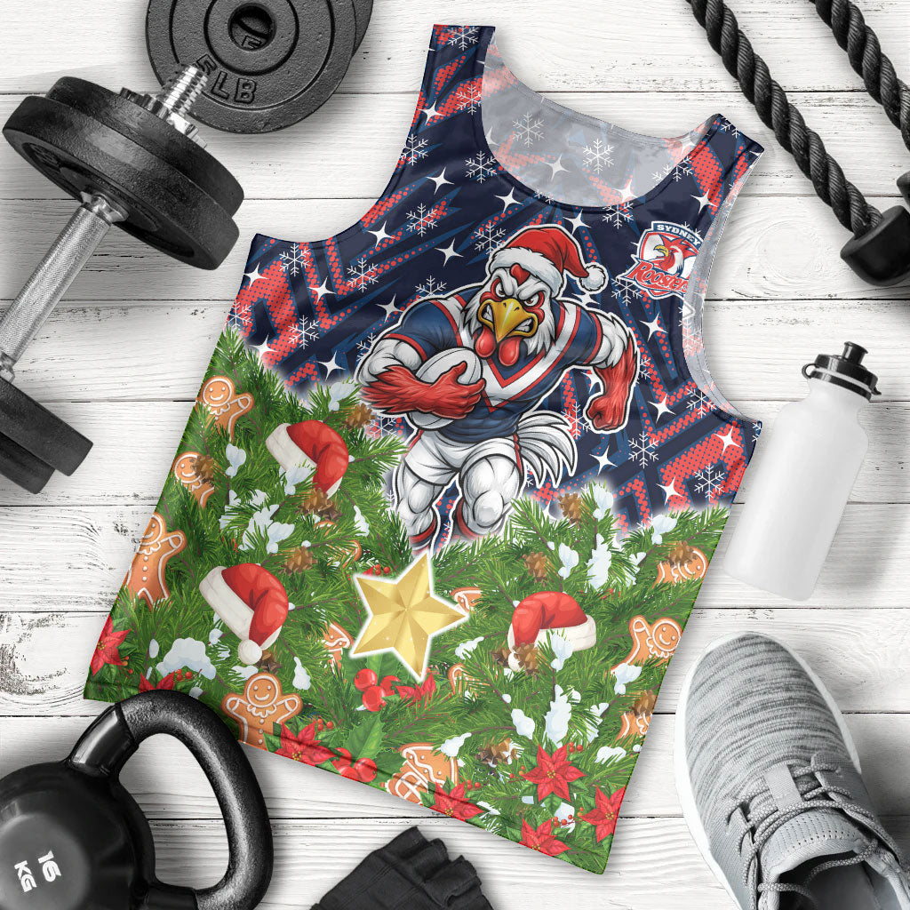 Personalised Sydney Roosters Rugby Christmas Men Tank Top Santa Rugby Mascot - Pine Wreath Festive