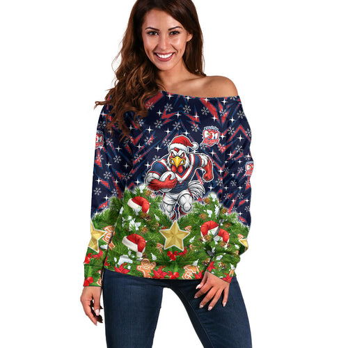 Personalised Sydney Roosters Rugby Christmas Off Shoulder Sweater Santa Rugby Mascot - Pine Wreath Festive