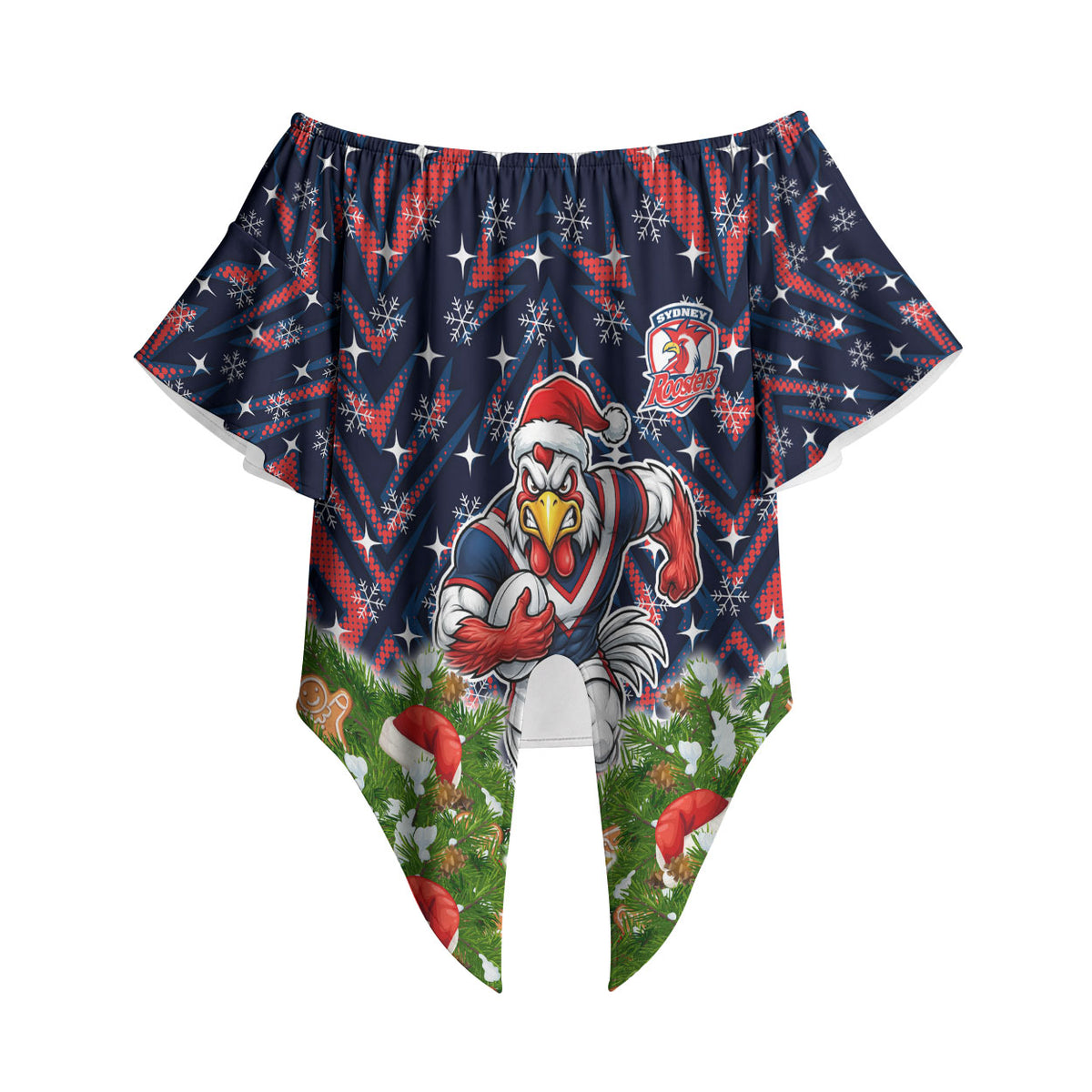 Personalised Sydney Roosters Rugby Christmas Off Shoulder Wrap Waist Top Santa Rugby Mascot - Pine Wreath Festive