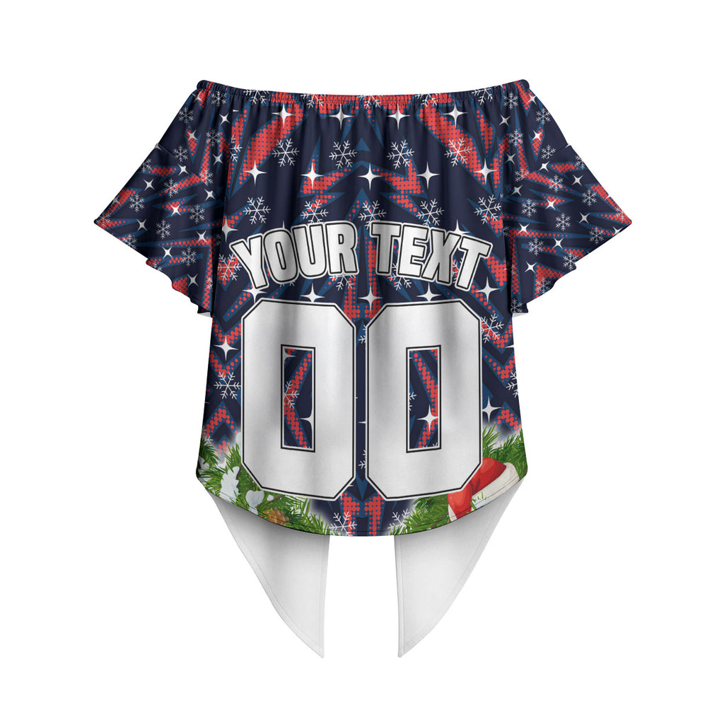 Personalised Sydney Roosters Rugby Christmas Off Shoulder Wrap Waist Top Santa Rugby Mascot - Pine Wreath Festive