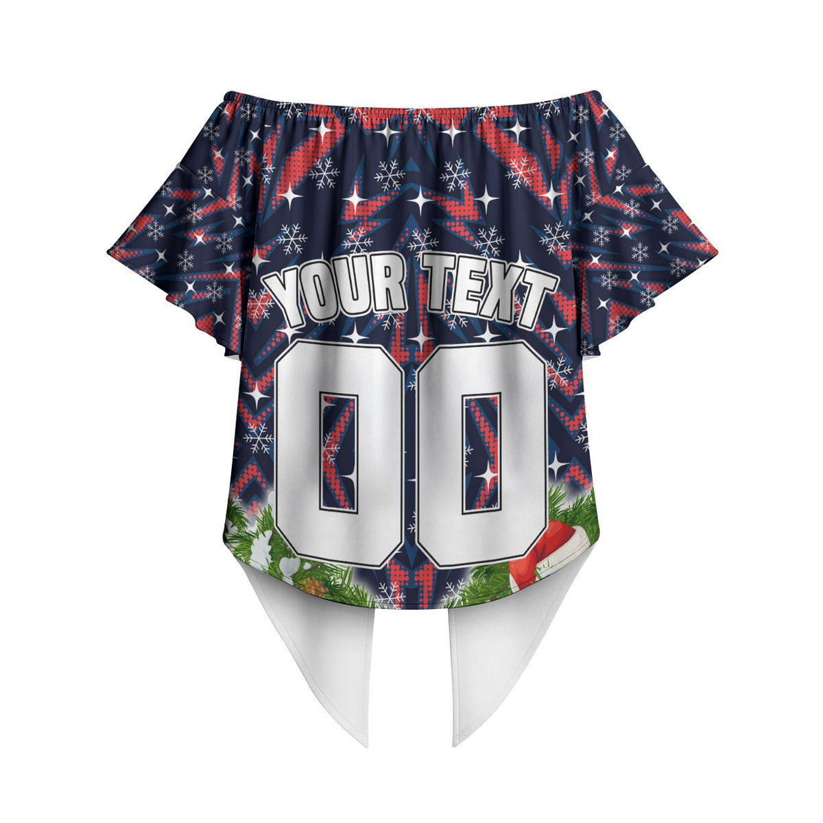 Personalised Sydney Roosters Rugby Christmas Off Shoulder Wrap Waist Top Santa Rugby Mascot - Pine Wreath Festive
