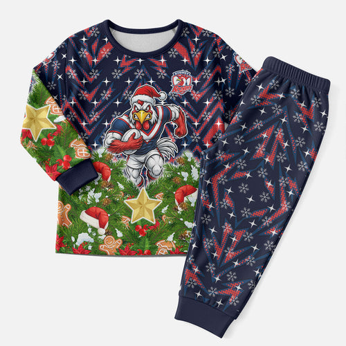 Personalised Sydney Roosters Rugby Christmas Pajama Set Santa Rugby Mascot - Pine Wreath Festive