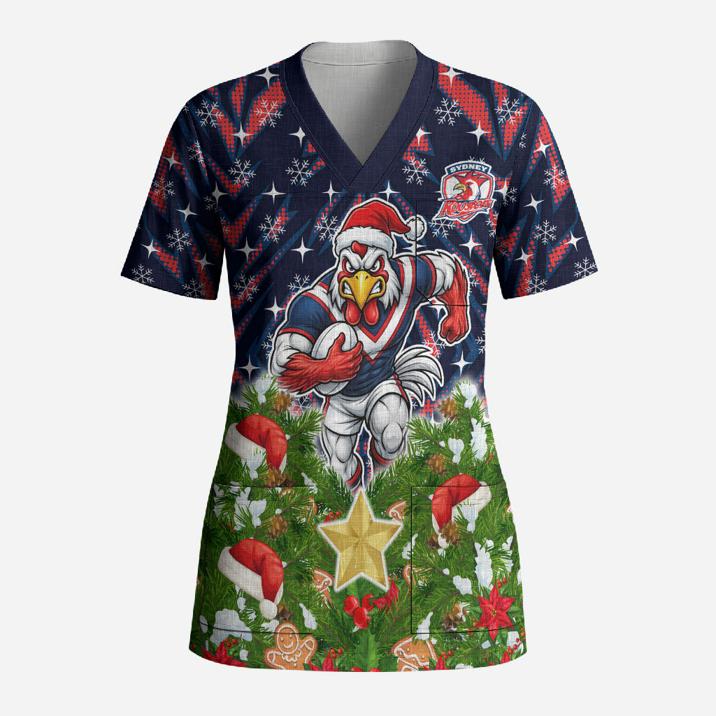 Personalised Sydney Roosters Rugby Christmas Scrub Top Santa Rugby Mascot - Pine Wreath Festive