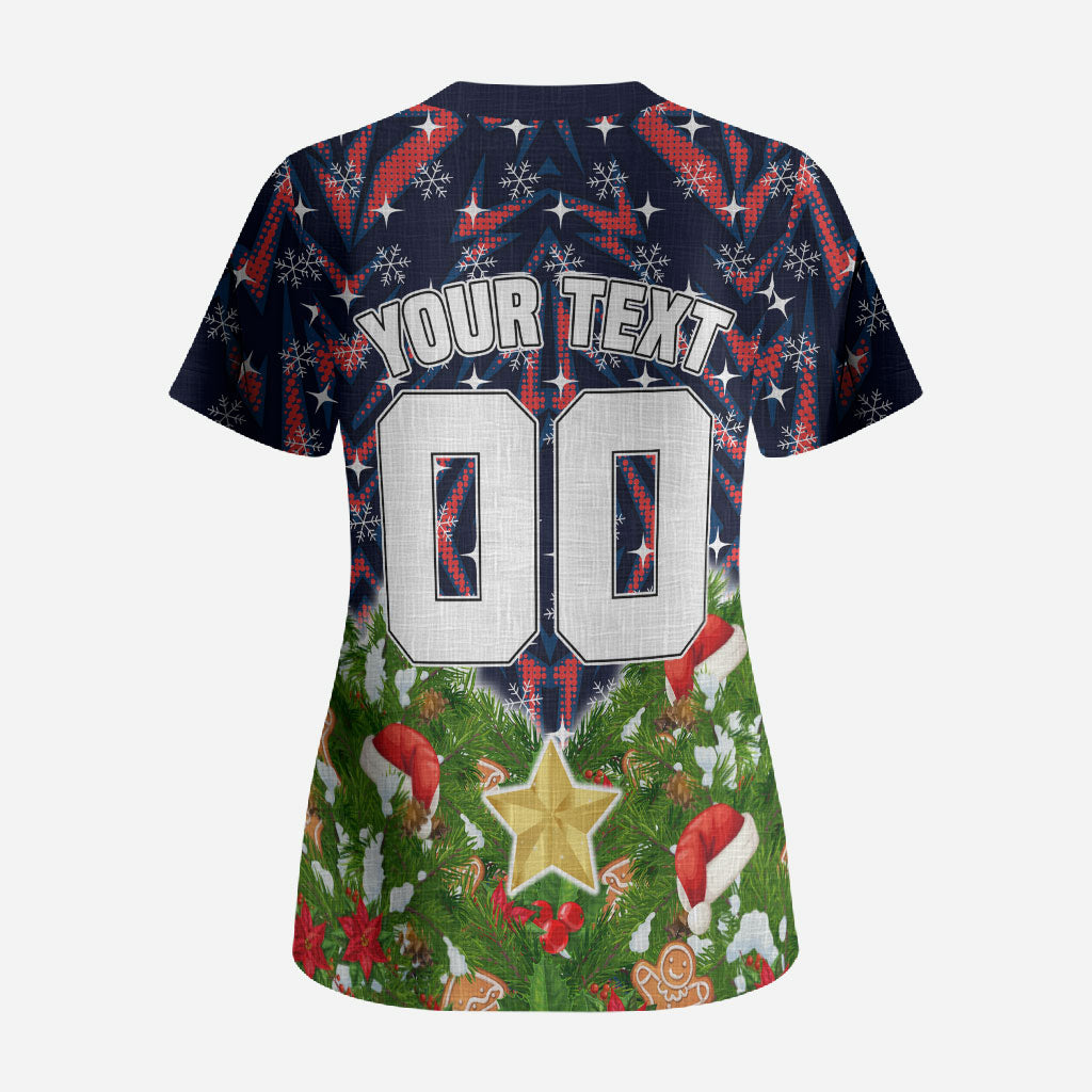 Personalised Sydney Roosters Rugby Christmas Scrub Top Santa Rugby Mascot - Pine Wreath Festive