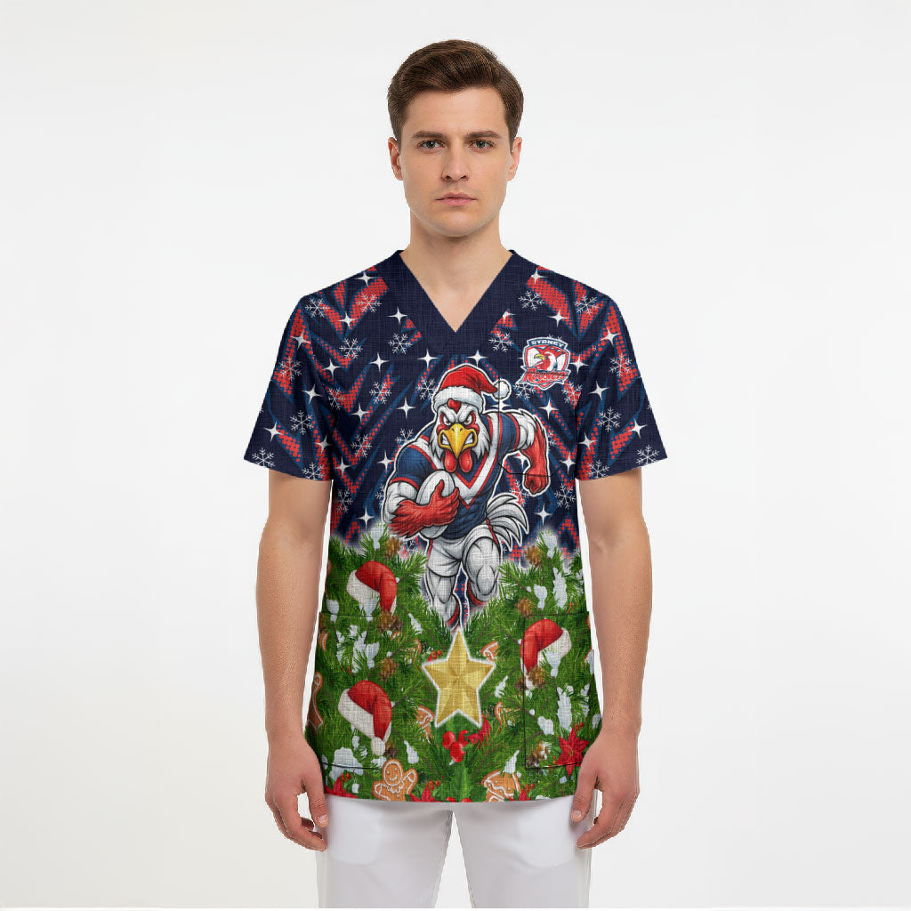 Personalised Sydney Roosters Rugby Christmas Scrub Top Santa Rugby Mascot - Pine Wreath Festive