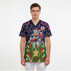 Personalised Sydney Roosters Rugby Christmas Scrub Top Santa Rugby Mascot - Pine Wreath Festive