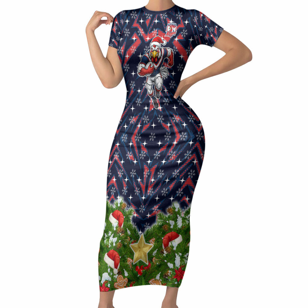 Personalised Sydney Roosters Rugby Christmas Short Sleeve Bodycon Dress Santa Rugby Mascot - Pine Wreath Festive