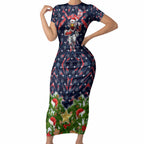 Personalised Sydney Roosters Rugby Christmas Short Sleeve Bodycon Dress Santa Rugby Mascot - Pine Wreath Festive