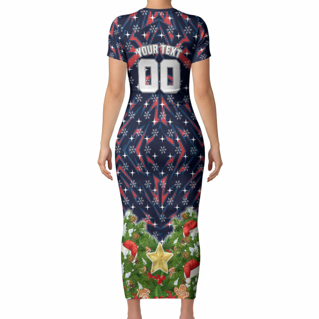 Personalised Sydney Roosters Rugby Christmas Short Sleeve Bodycon Dress Santa Rugby Mascot - Pine Wreath Festive