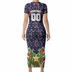 Personalised Sydney Roosters Rugby Christmas Short Sleeve Bodycon Dress Santa Rugby Mascot - Pine Wreath Festive