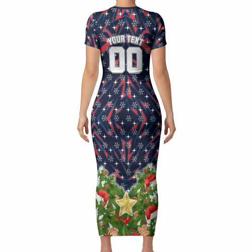 Personalised Sydney Roosters Rugby Christmas Short Sleeve Bodycon Dress Santa Rugby Mascot - Pine Wreath Festive