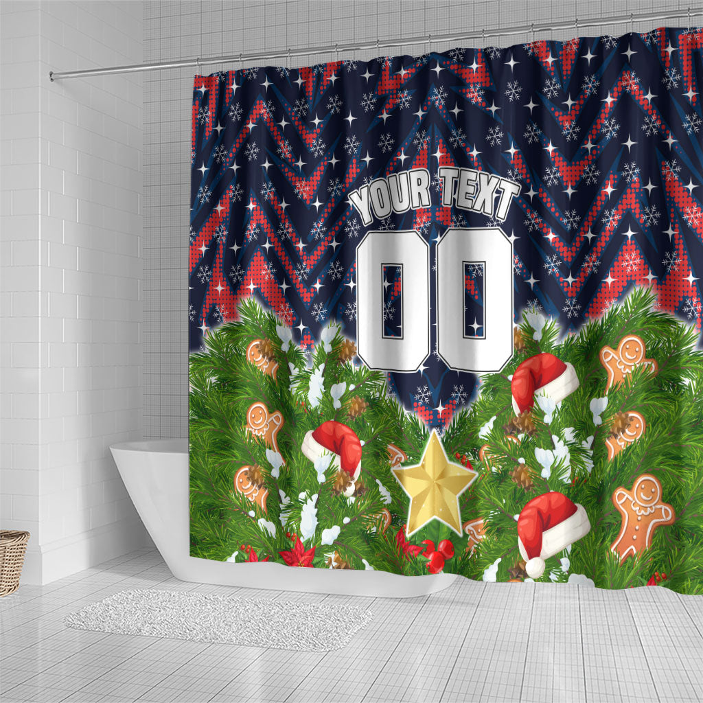 Personalised Sydney Roosters Rugby Christmas Shower Curtain Santa Rugby Mascot - Pine Wreath Festive