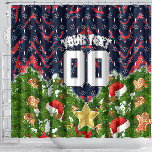 Personalised Sydney Roosters Rugby Christmas Shower Curtain Santa Rugby Mascot - Pine Wreath Festive