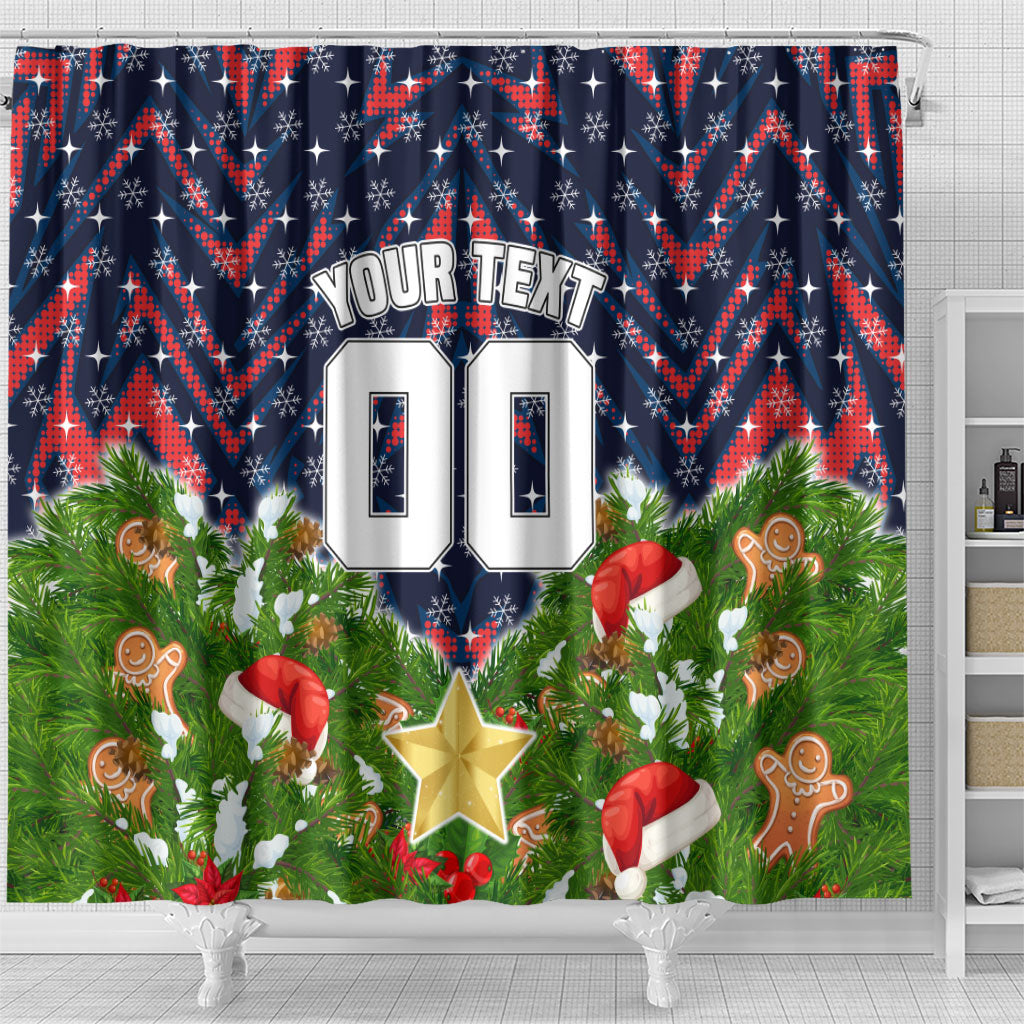 Personalised Sydney Roosters Rugby Christmas Shower Curtain Santa Rugby Mascot - Pine Wreath Festive