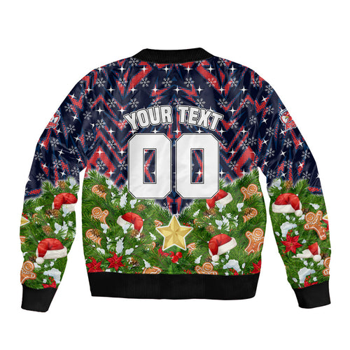 Personalised Sydney Roosters Rugby Christmas Sleeve Zip Bomber Jacket Santa Rugby Mascot - Pine Wreath Festive