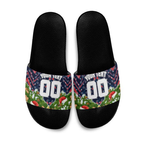 Personalised Sydney Roosters Rugby Christmas Slide Sandals Santa Rugby Mascot - Pine Wreath Festive