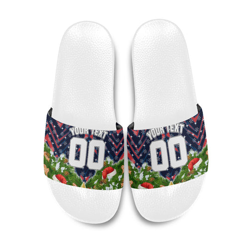 Personalised Sydney Roosters Rugby Christmas Slide Sandals Santa Rugby Mascot - Pine Wreath Festive