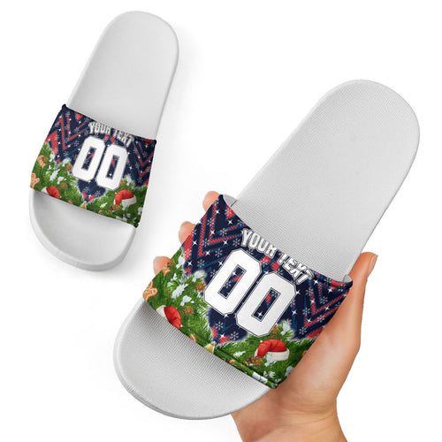 Personalised Sydney Roosters Rugby Christmas Slide Sandals Santa Rugby Mascot - Pine Wreath Festive