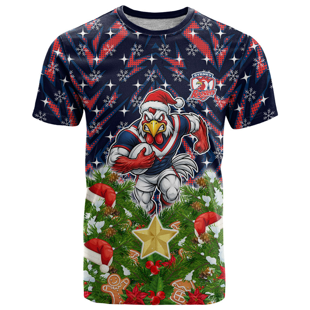 Personalised Sydney Roosters Rugby Christmas T Shirt Santa Rugby Mascot - Pine Wreath Festive