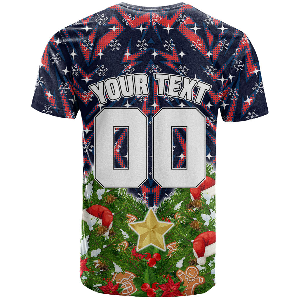Personalised Sydney Roosters Rugby Christmas T Shirt Santa Rugby Mascot - Pine Wreath Festive