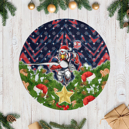 Sydney Roosters Rugby Christmas Tree Skirt Santa Rugby Mascot - Pine Wreath Festive
