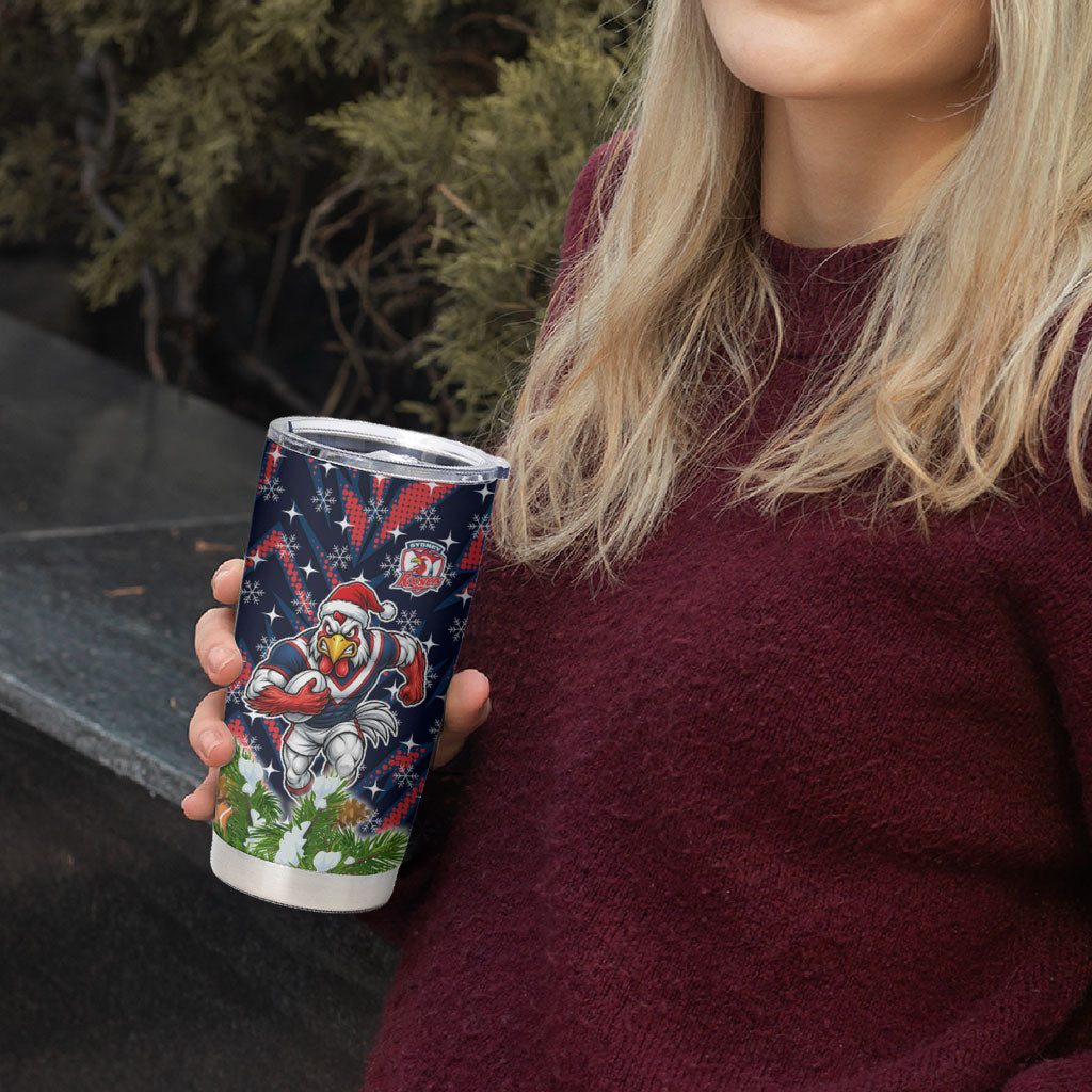 Personalised Sydney Roosters Rugby Christmas Tumbler Cup Santa Rugby Mascot - Pine Wreath Festive