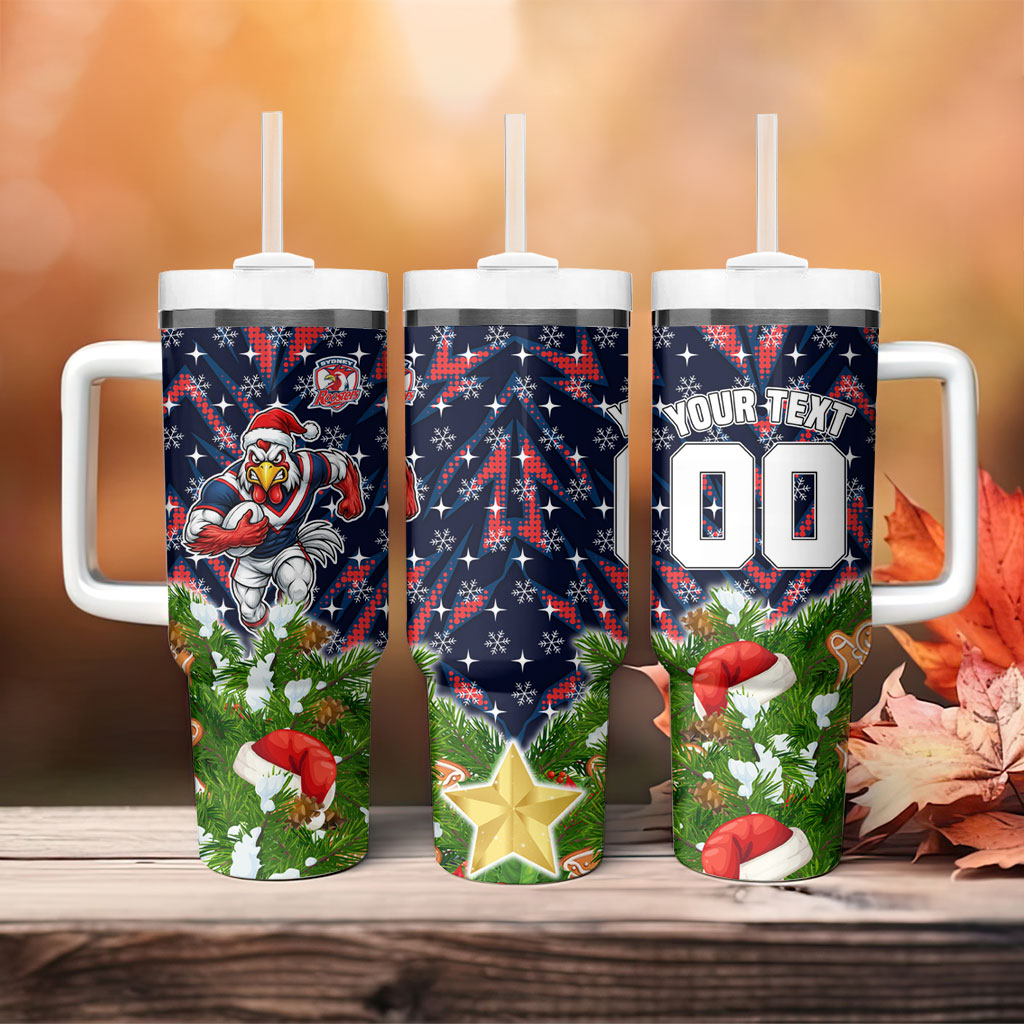 Personalised Sydney Roosters Rugby Christmas Tumbler With Handle Santa Rugby Mascot - Pine Wreath Festive