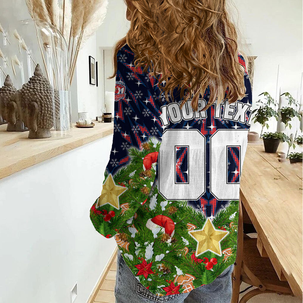 Personalised Sydney Roosters Rugby Christmas Women Casual Shirt Santa Rugby Mascot - Pine Wreath Festive