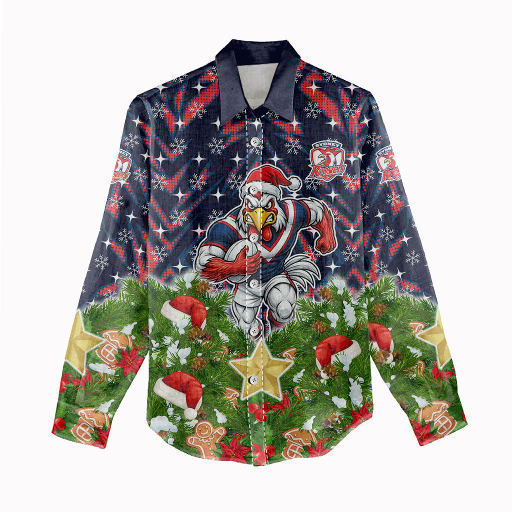 Personalised Sydney Roosters Rugby Christmas Women Casual Shirt Santa Rugby Mascot - Pine Wreath Festive