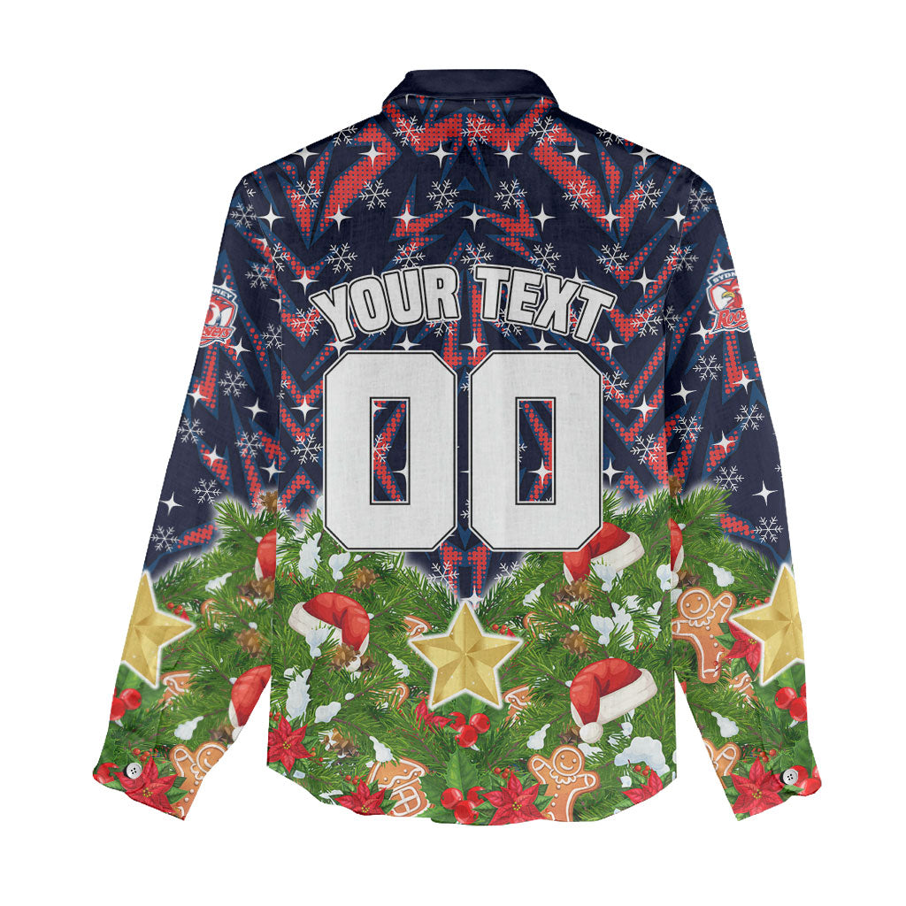 Personalised Sydney Roosters Rugby Christmas Women Casual Shirt Santa Rugby Mascot - Pine Wreath Festive