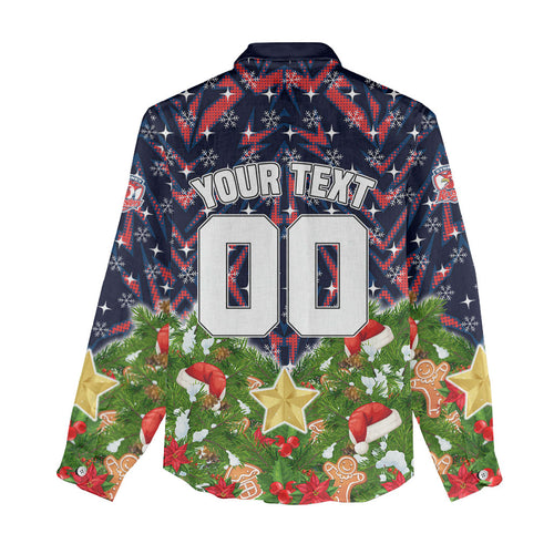 Personalised Sydney Roosters Rugby Christmas Women Casual Shirt Santa Rugby Mascot - Pine Wreath Festive
