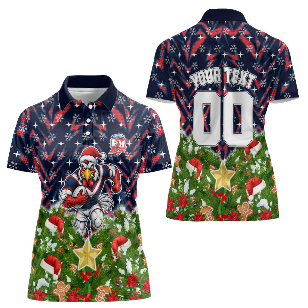 Personalised Sydney Roosters Rugby Christmas Women Polo Shirt Santa Rugby Mascot - Pine Wreath Festive