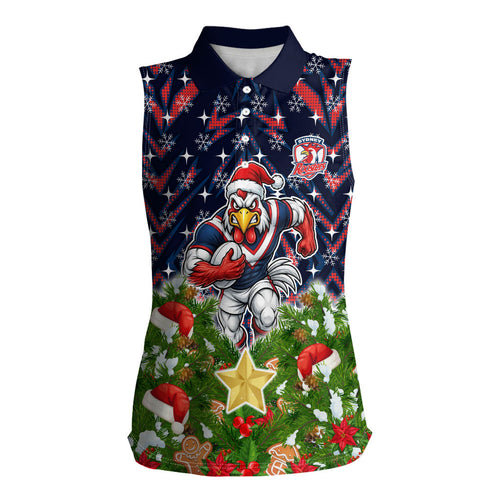 Personalised Sydney Roosters Rugby Christmas Women Sleeveless Polo Shirt Santa Rugby Mascot - Pine Wreath Festive