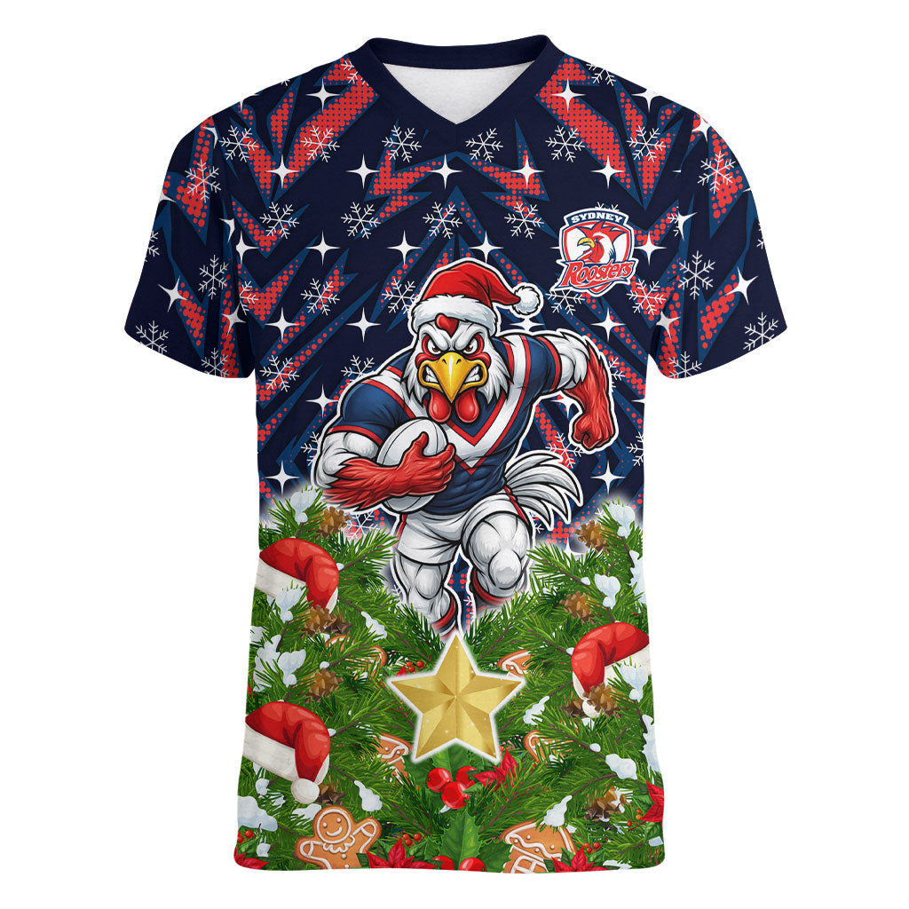 Personalised Sydney Roosters Rugby Christmas Women V-Neck T-Shirt Santa Rugby Mascot - Pine Wreath Festive
