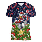 Personalised Sydney Roosters Rugby Christmas Women V-Neck T-Shirt Santa Rugby Mascot - Pine Wreath Festive
